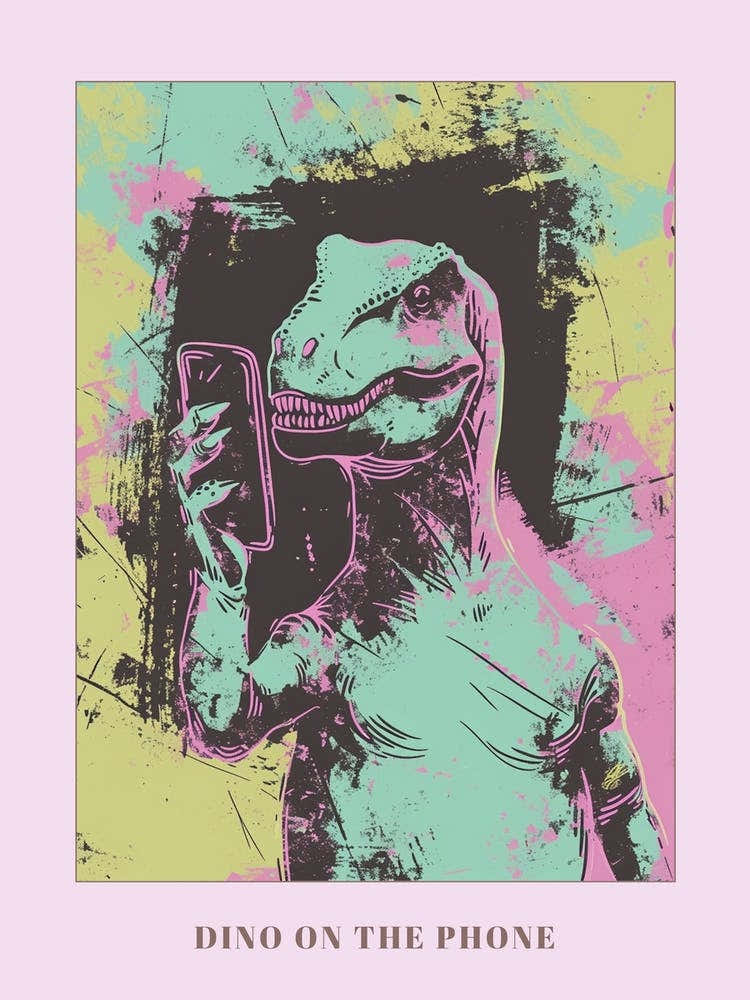 Dinosaur On The Phone Purple Graffiti Style 3 Poster