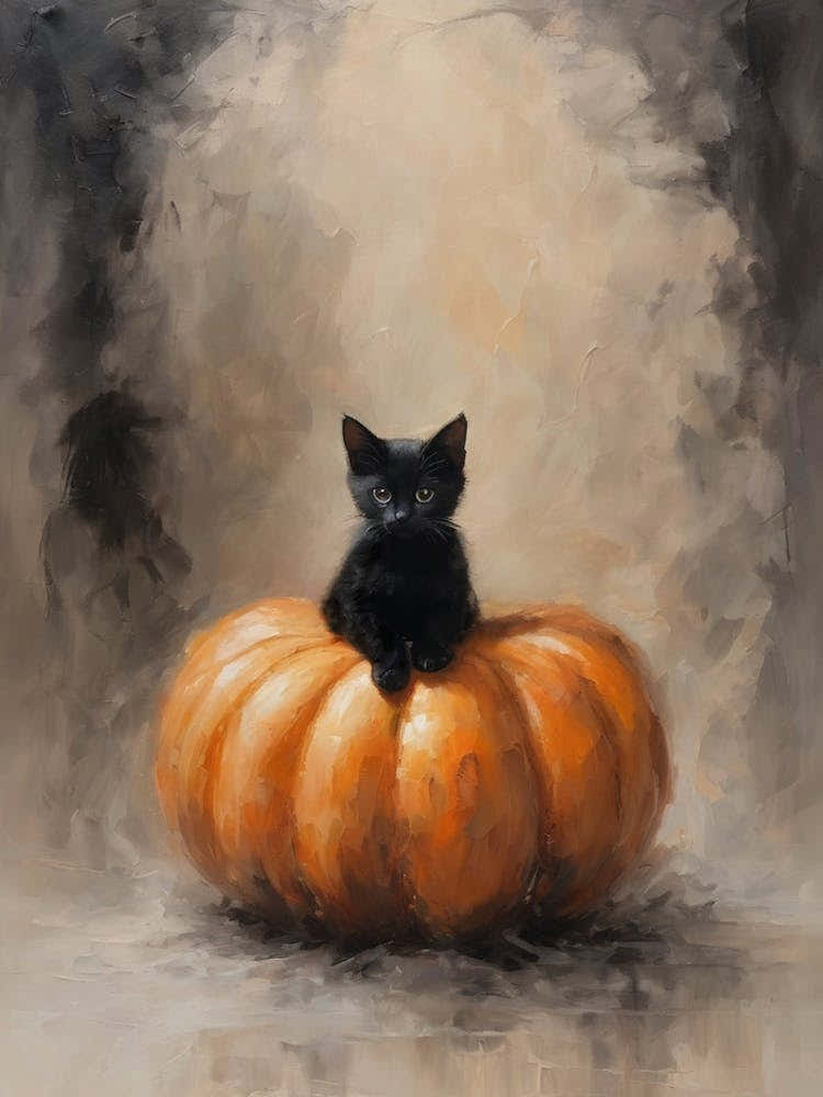 Black Kitten on a Pumpkin | Vintage Halloween Cat Witch All Year Decor | Autumn Moody Aesthetic | Neutral Tones Gothic Witchcraft Dark Academia Witchcore Painting