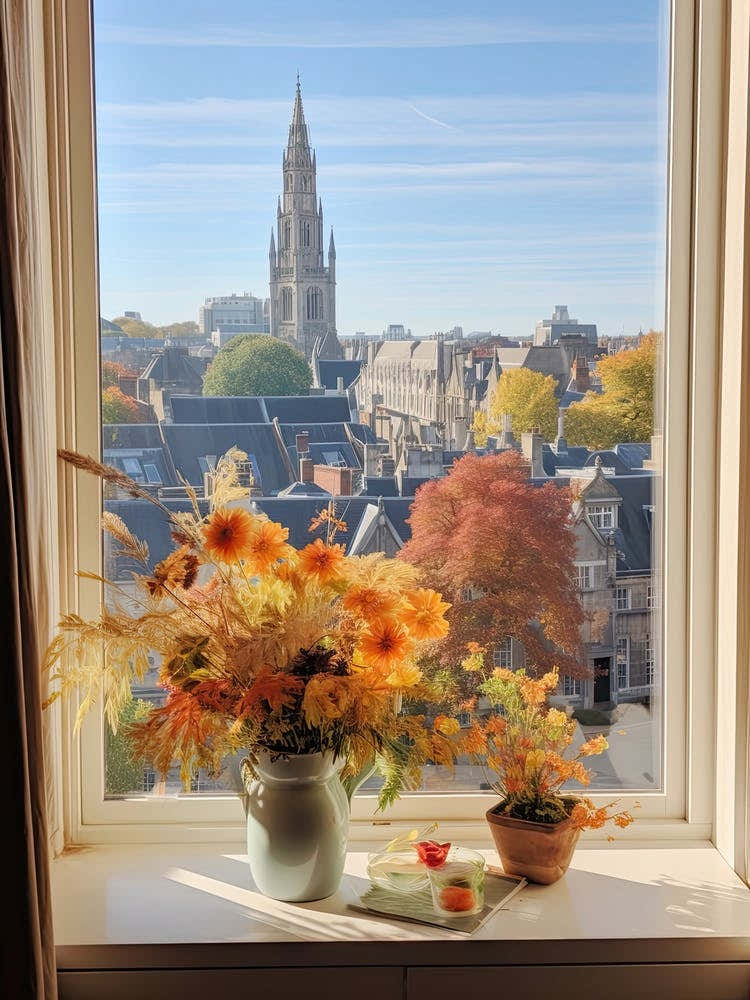 Window View Of Brussels Belgium In Autumn Fall, Watercolour 3