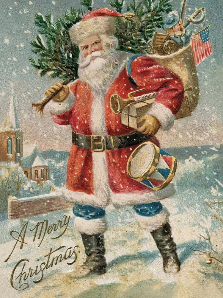 Santa Claus Carrying Christmas Tree Vintage Art