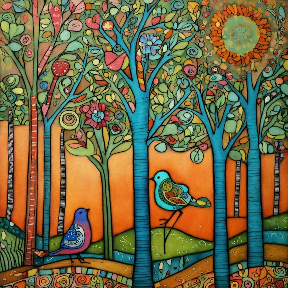 Art Drawing Trees And Birds Scene Folk Art Style I (2) 1