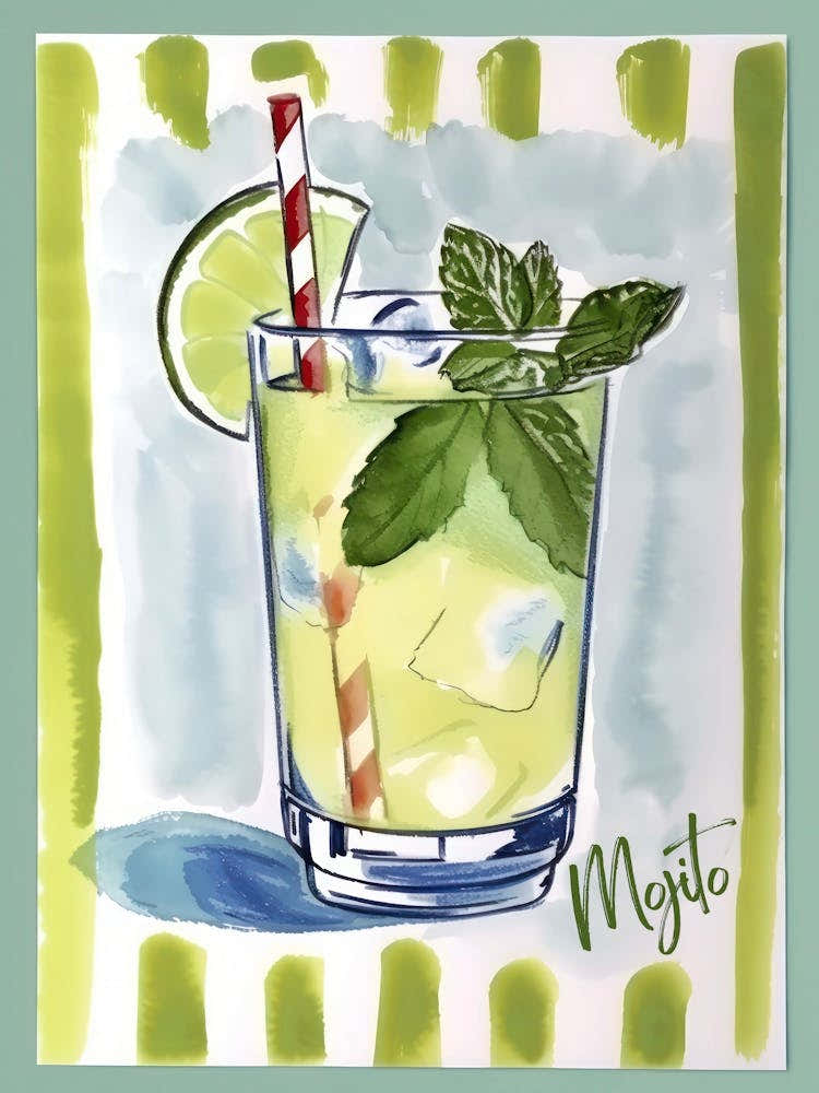 Mojito Cocktail Painting Art Kitchen Green Blue