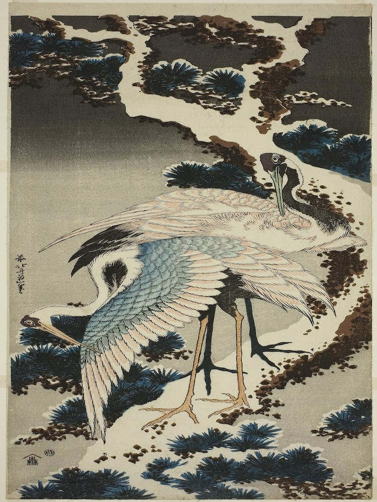 Cranes At The Branch Of A Snow, Katsushika Hokusai