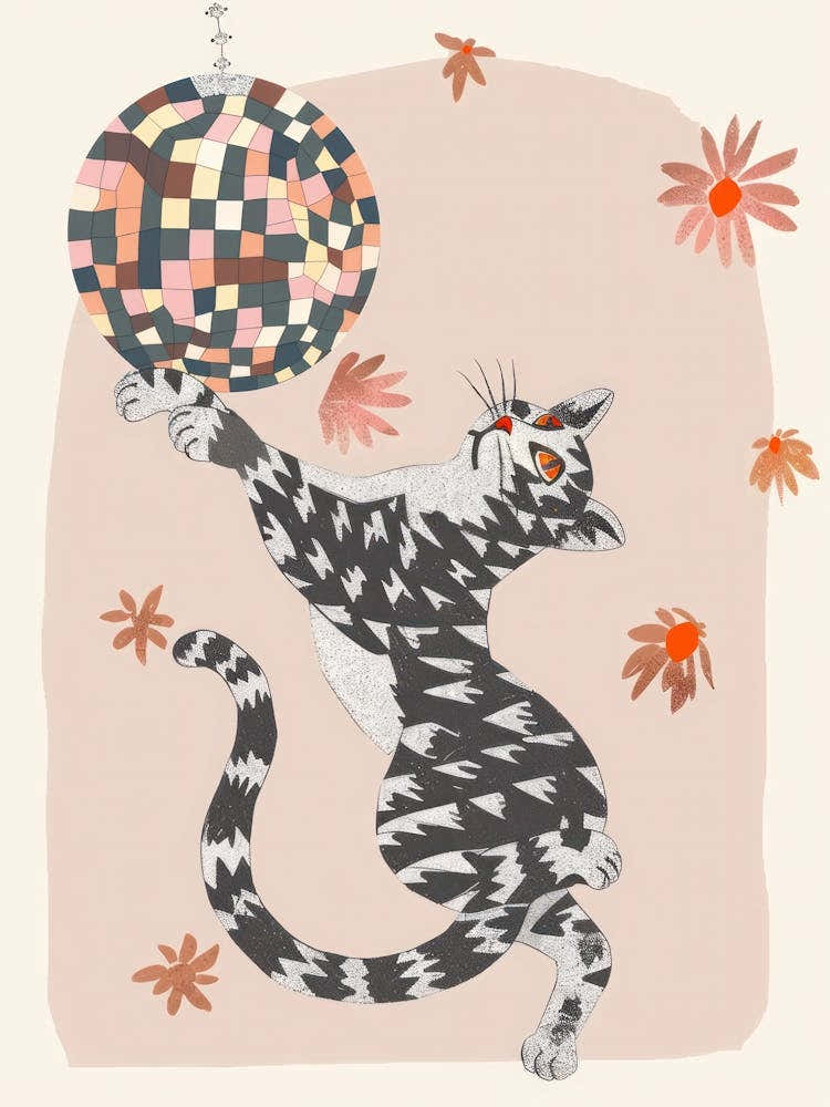 Disco Cat Print Whimsical Cat Disco Ball Funky Dopamine