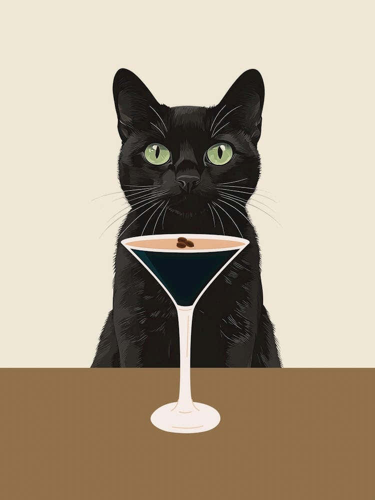 Cat with Espresso martini art in neutral and warm colors in a minimalist aesthetic, quirky illustration whimsical artwork ideal for kitchens, cafes, coffee bars, bar carts, fun contemporary art for an eclectic living room