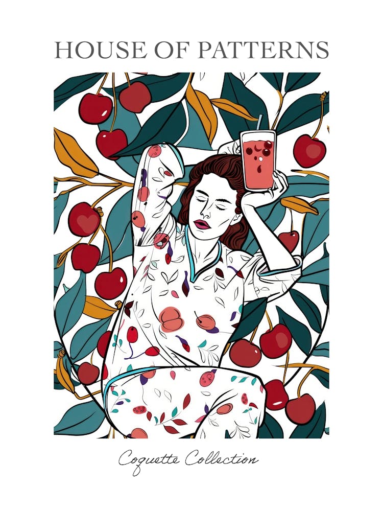 Woman Portrait With Cherries 10 Pattern Poster