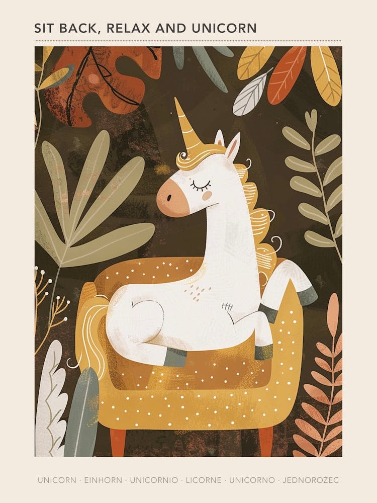 Unicorn On A Sofa Mustard Muted Pastels 3 Poster