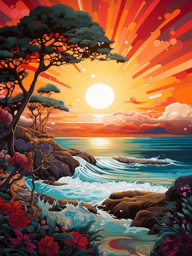 Coral Beach Australia At Sunset, Vibrant Painting 13