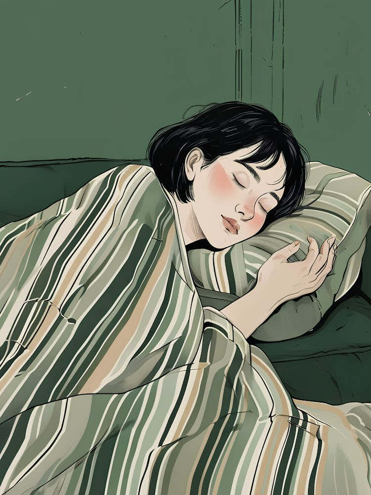 Woman Sleeping Peacefully On Dark Green Couch With Blanket