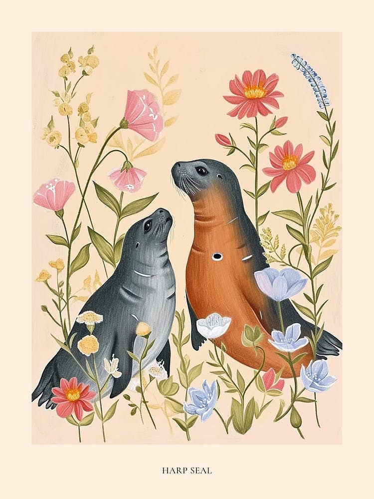 Folksy Floral Animal Drawing Harp Seal Poster