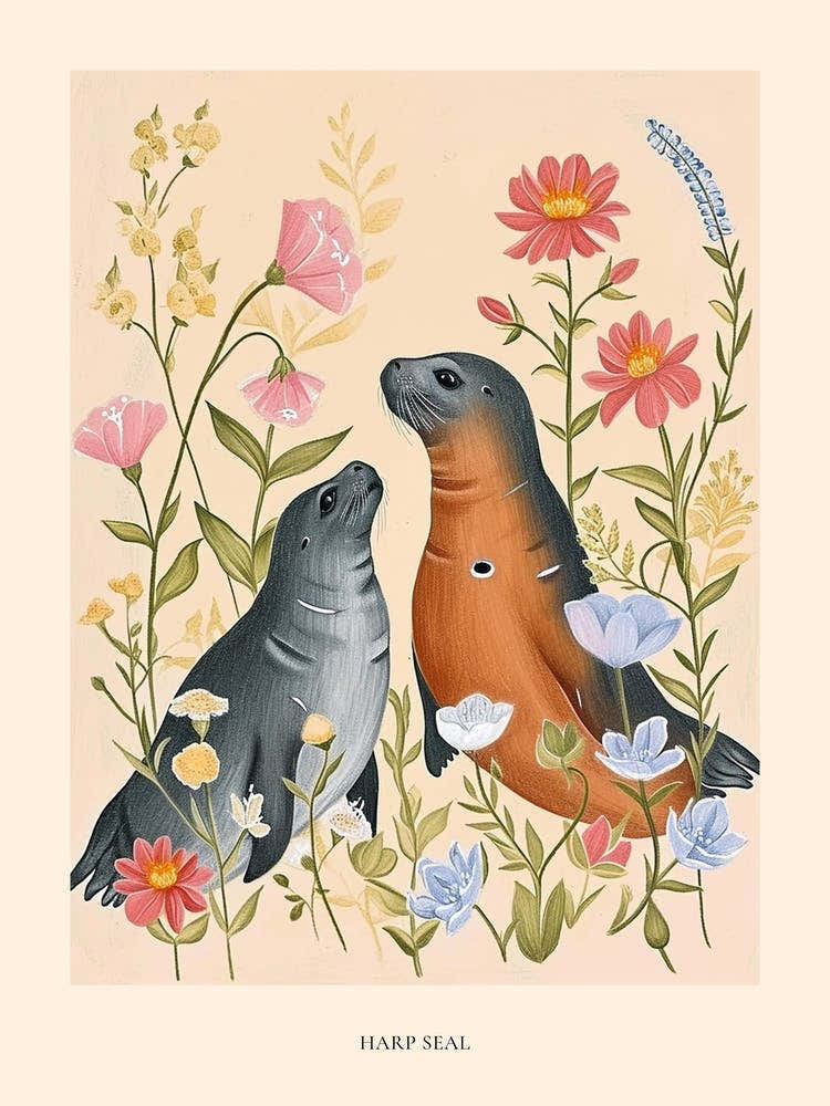 Folksy Floral Animal Drawing Harp Seal Poster