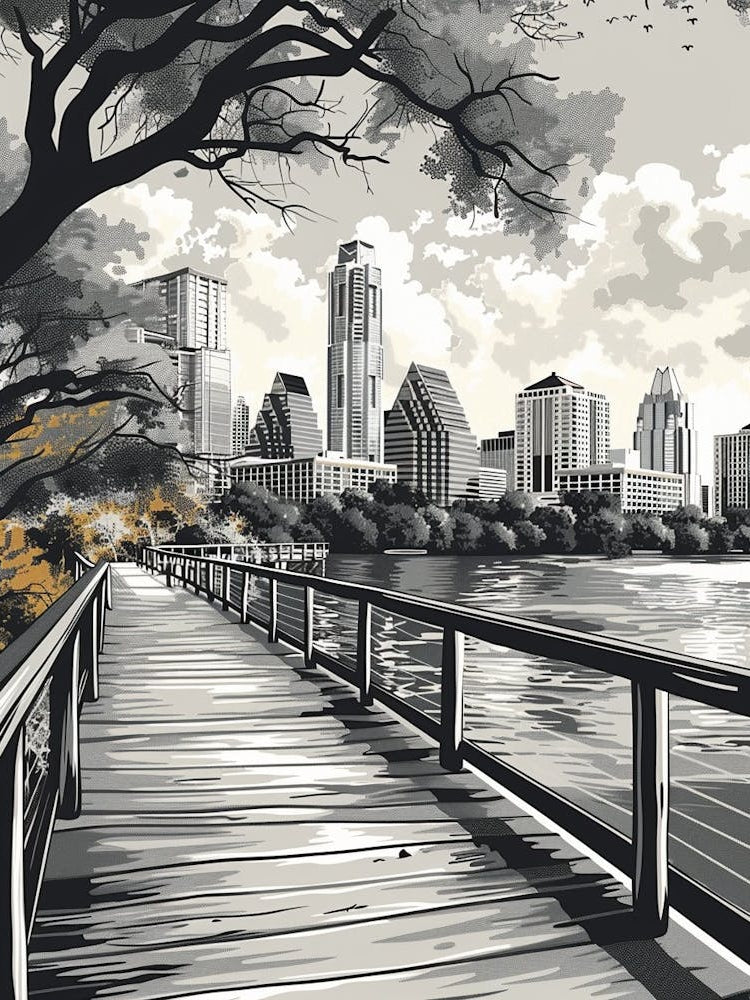Duotone Illustration Lady Bird Lake And The Boardwalk 4