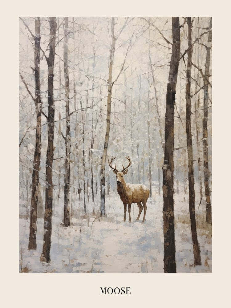 Vintage Winter Animal Painting Poster Moose 2