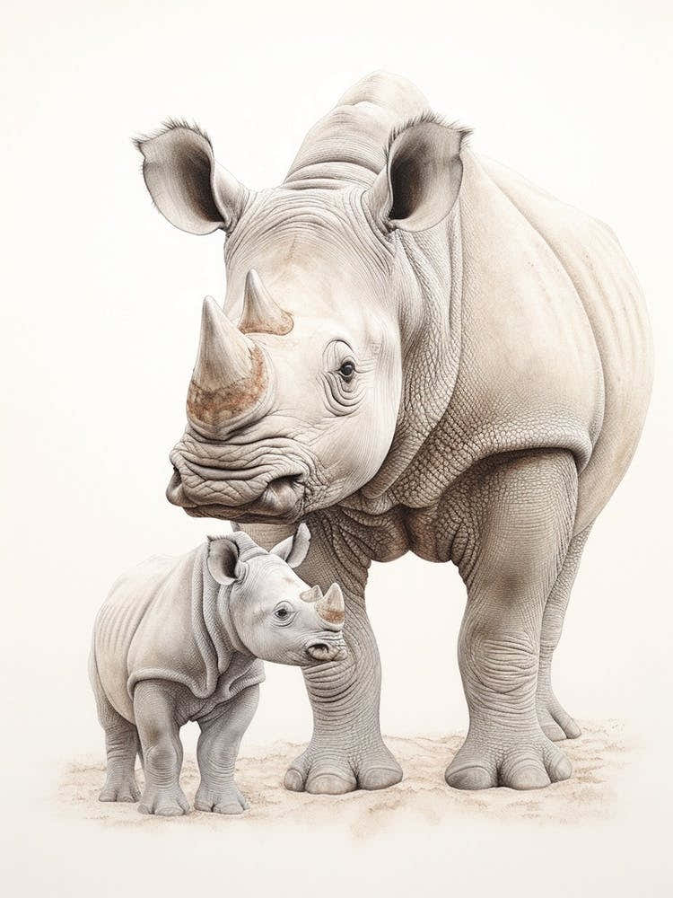 Detailed Illustration Of A Rhino With A Baby Rhino