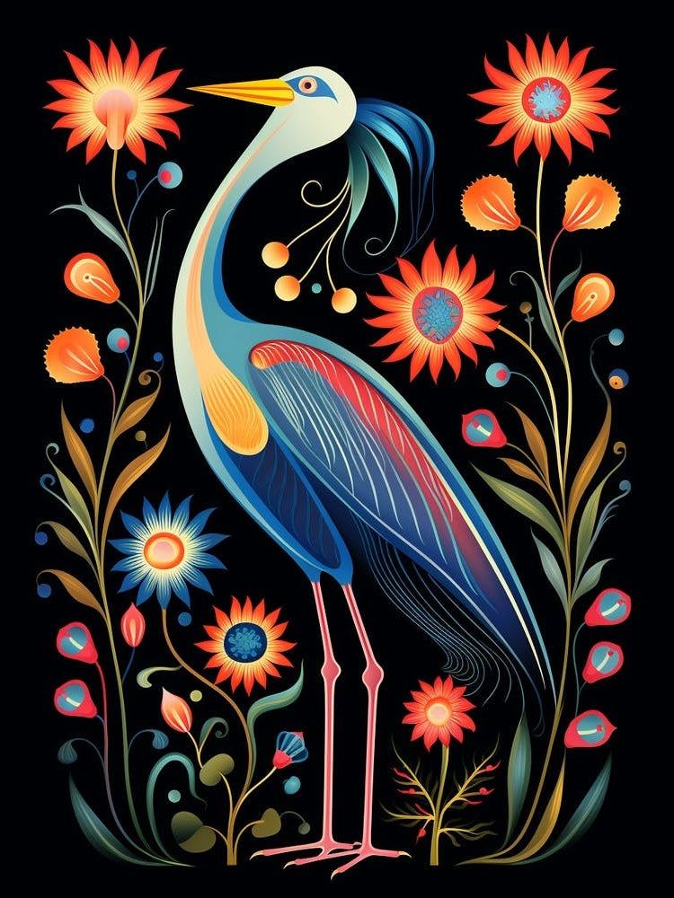 Folk Bird Illustration Egret 2