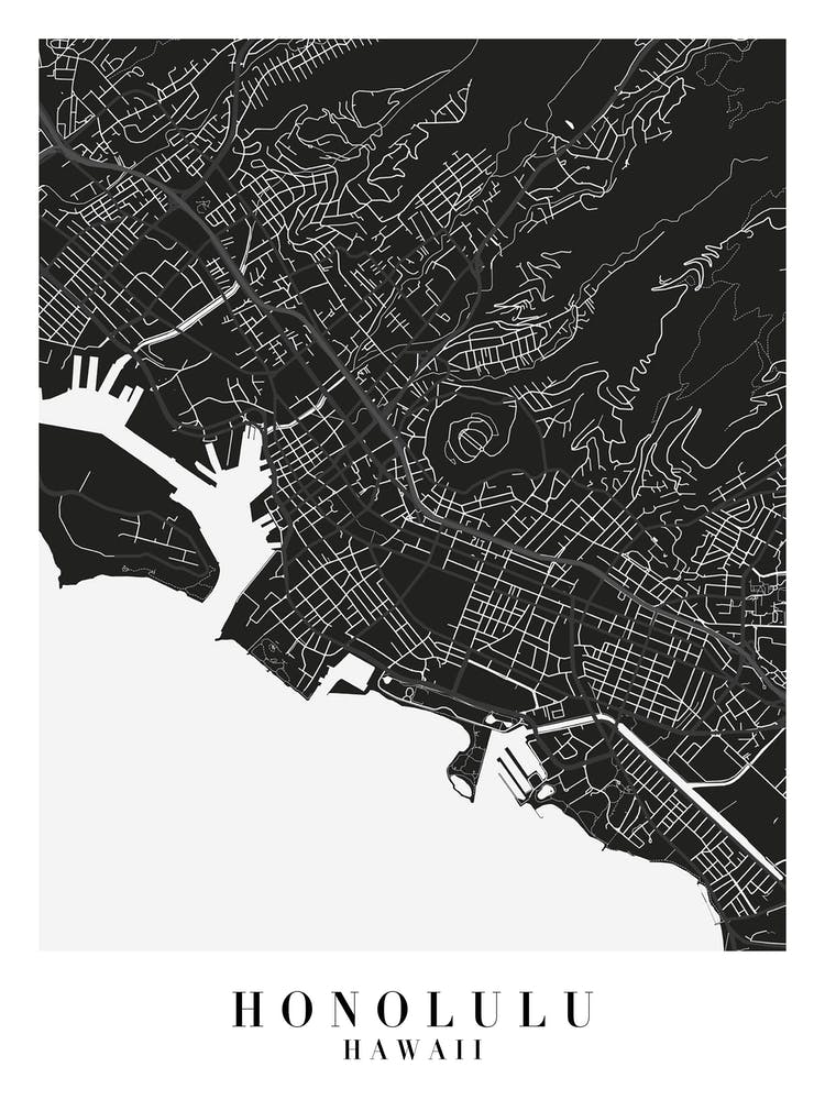 Honolulu Hawaii Minimal Black Mono Street Map