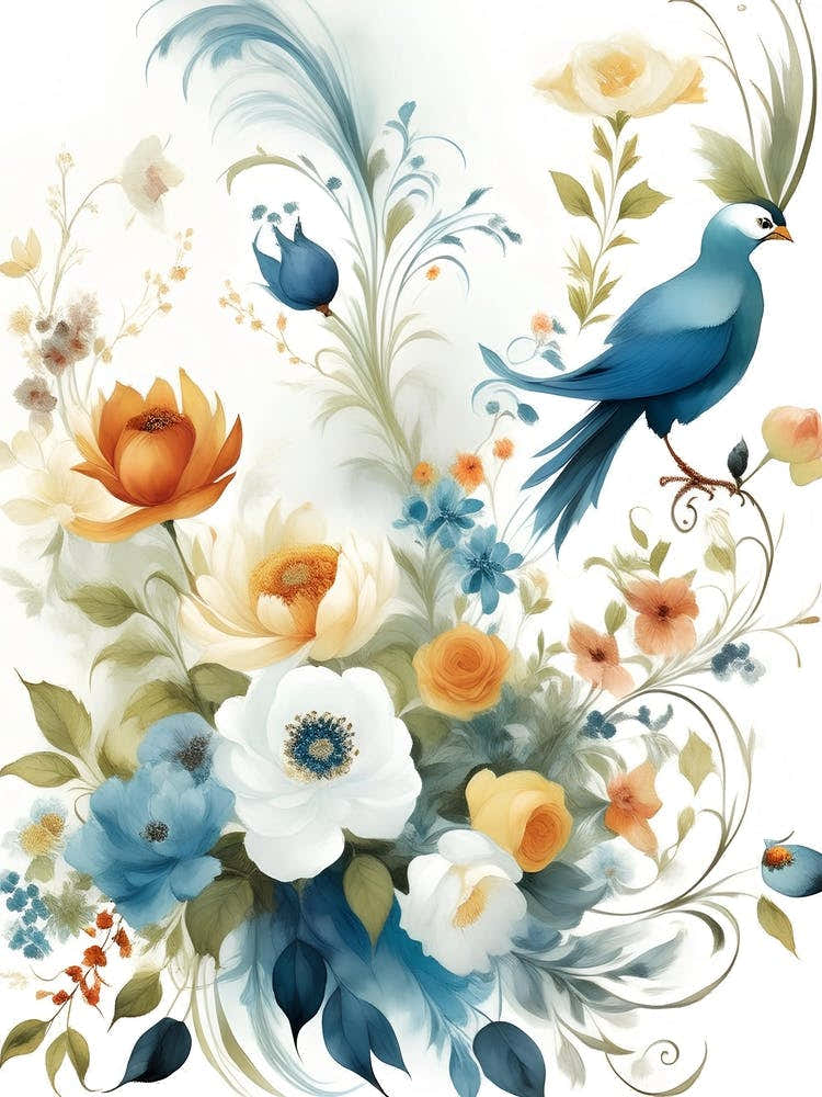 Blue Bird With Flowers 1