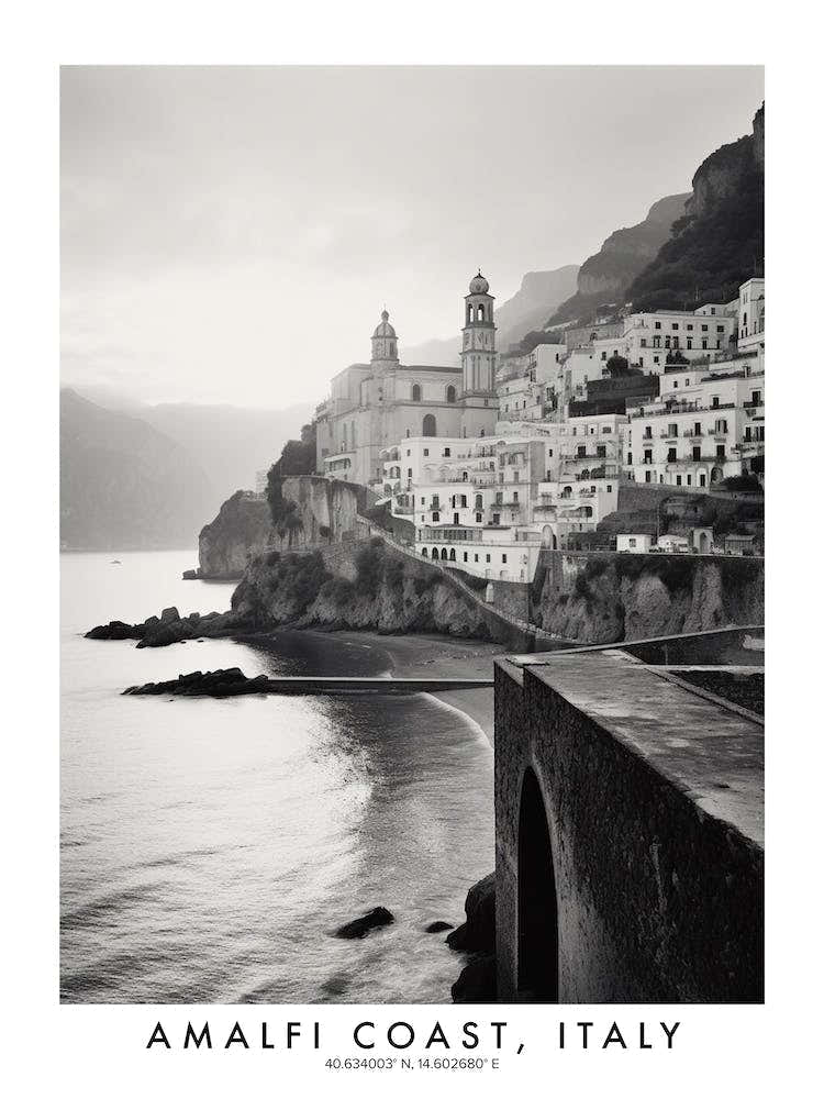 Poster Of Amalfi Coast, Italy, Black And White Analogue Photograph 4