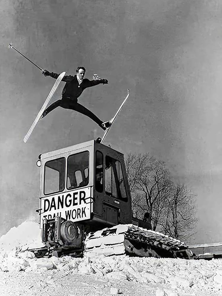 Jumping Over Snowcat Vintage Skiing Photo