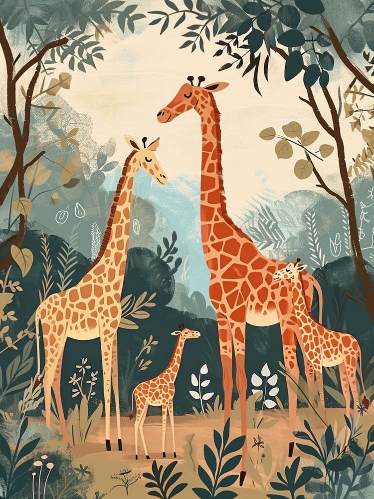 Herd Of Giraffes Resting Under The Tree Modern Illiustration 2