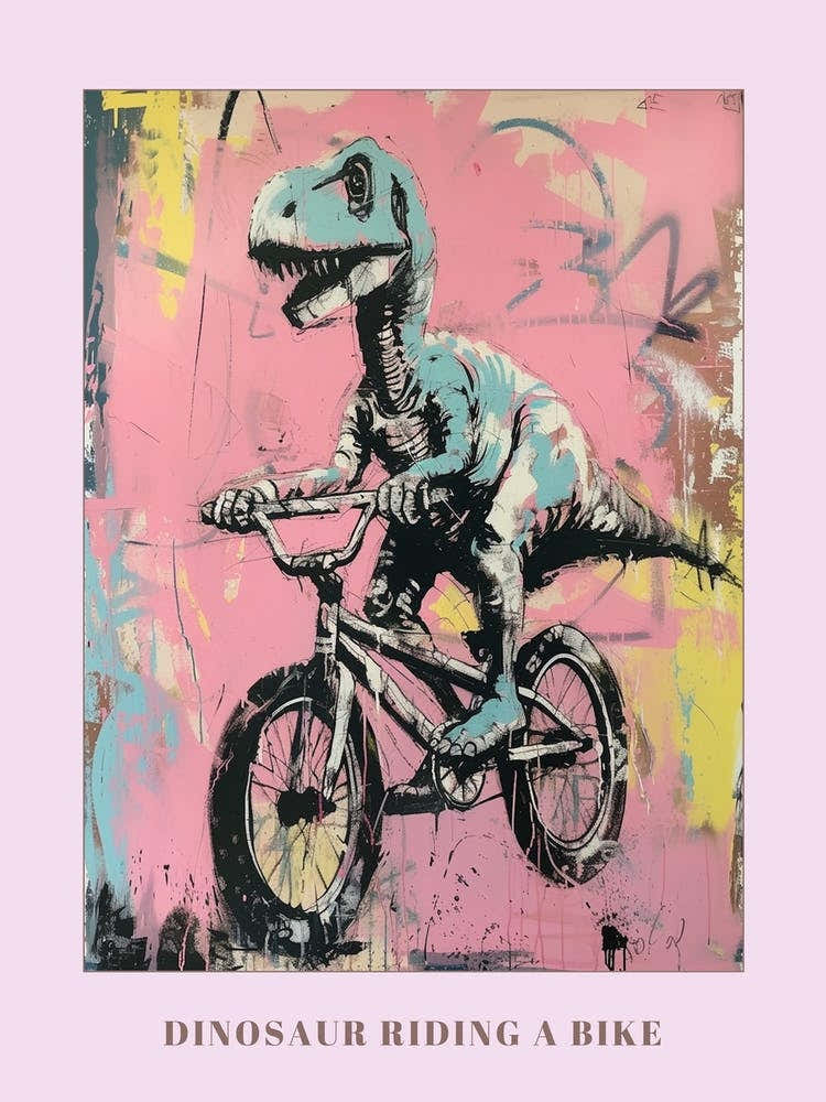 Dinosaur On A Bike Pink Purple Graffiti Style Illustration 2 Poster