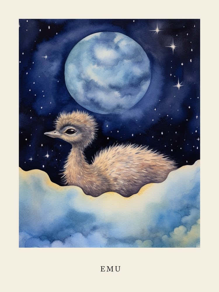 Baby Emu Sleeping In The Clouds Nursery Poster