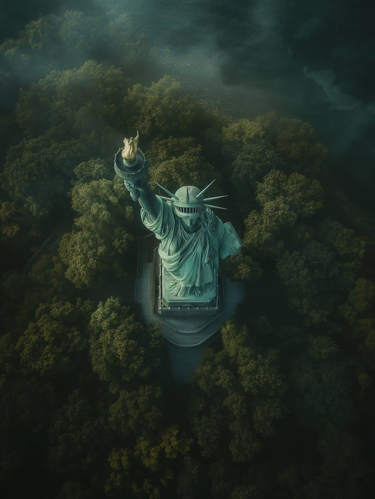 Aerial View,Drone View Of The Statue Of Liberty,Amazing Sky,Evening Colours,Realistic,Cinematic,Soft Light,Vignette