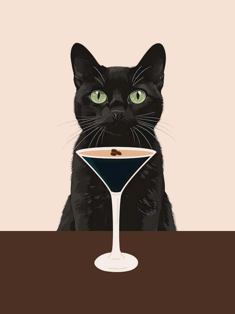 Cat with Espresso martini art in neutral and brown colors in a minimalist aesthetic, quirky illustration whimsical artwork ideal for kitchens, cafes, coffee bars, bar carts, fun contemporary art for an eclectic living room