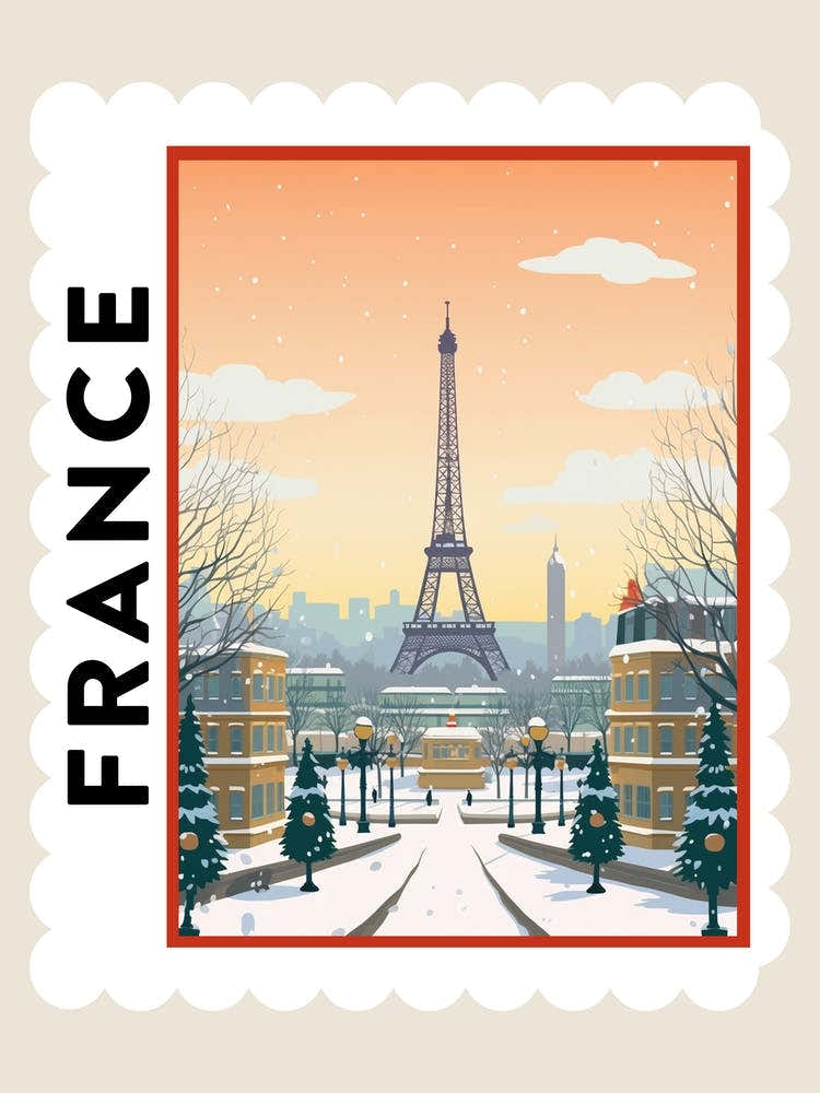 Retro Winter Stamp Poster Paris France 1