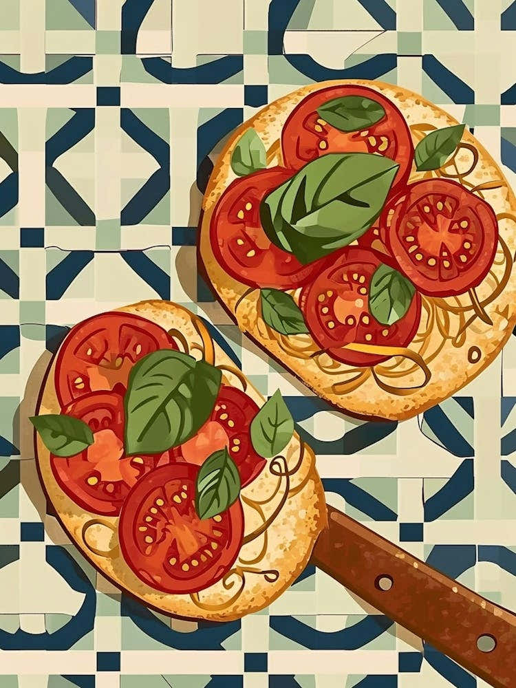 Bruscetta, Tomato & Basil On A Tiled Background 1