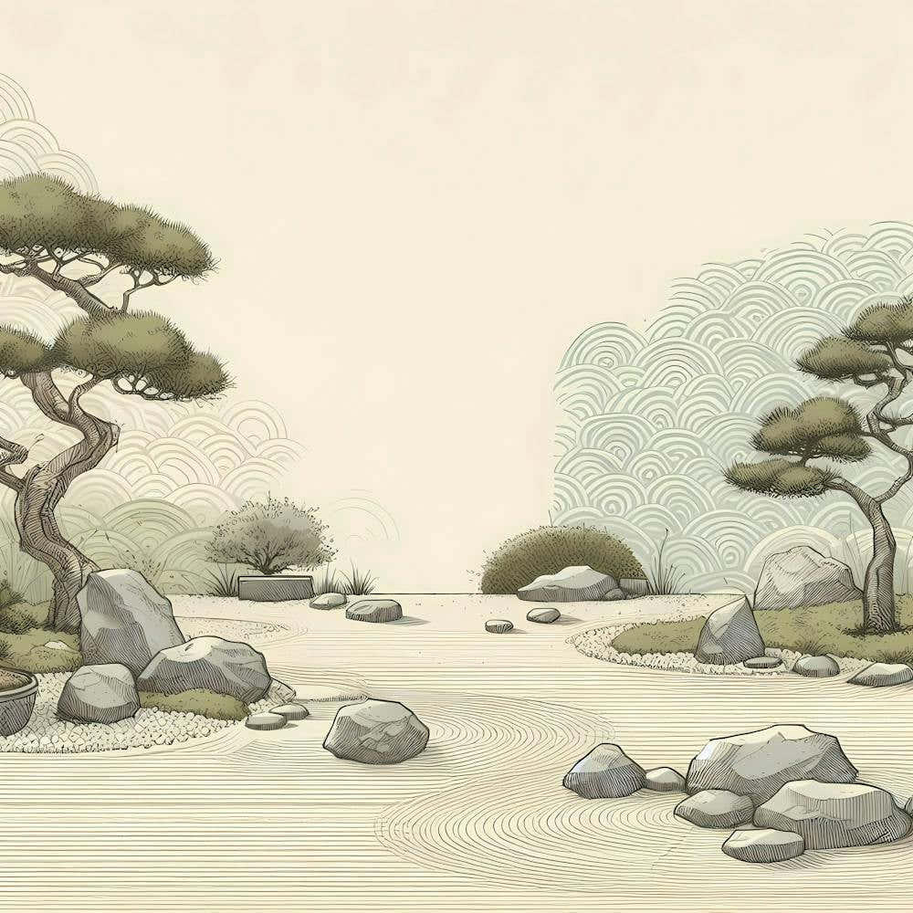Japanese Zen Garden With Raked Sand, Rocks, And Bonsai Trees, Wallart Painting