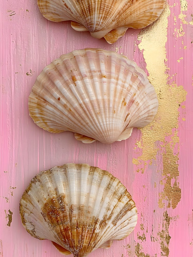 Three Seashells On A Pink Background