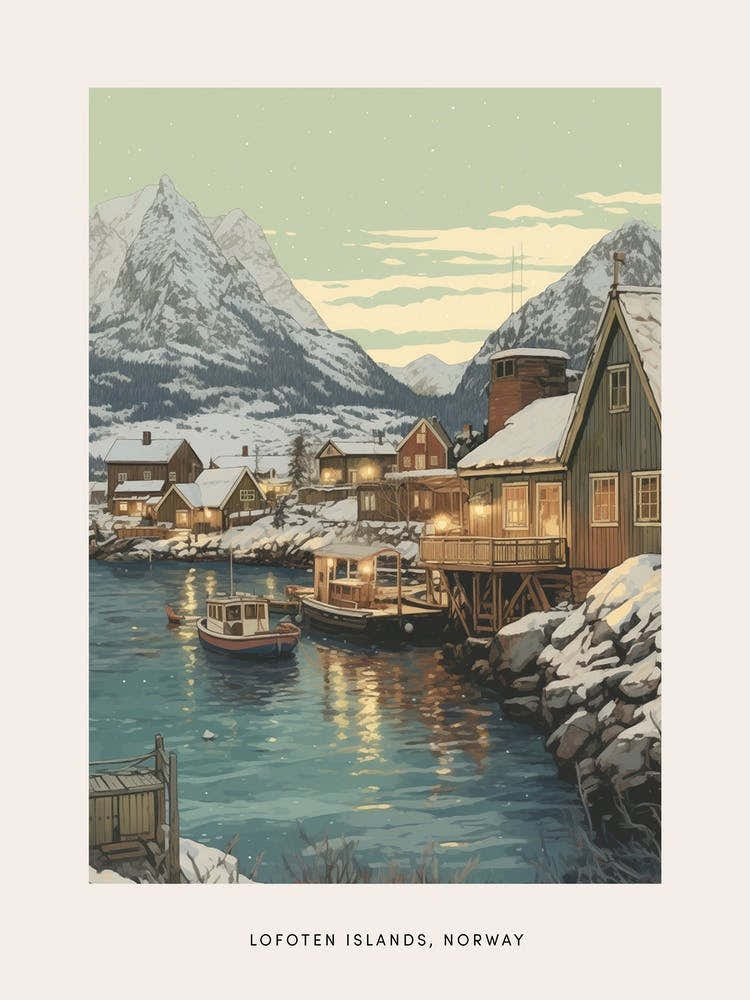 Vintage Winter Poster Lofoten Islands Norway 3