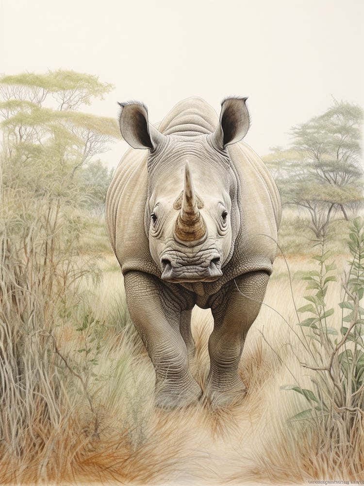 Rhino Walking Through Nature Vintage Illustration 1