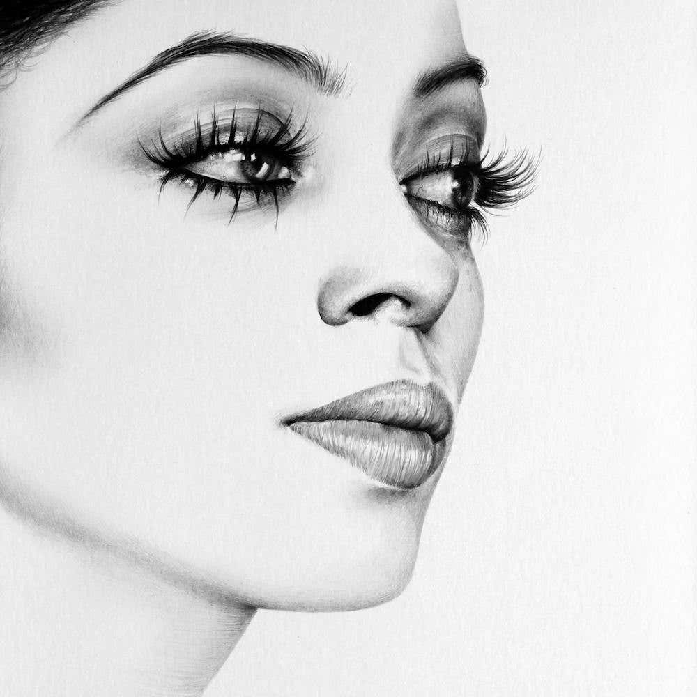 Diana Ross Minimal Portrait Vintage 1970s Pencil Portrait Black and White Traditional Art