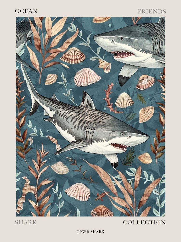 Pastel Blue Tiger Shark Watercolour Seascape Pattern 1 Poster