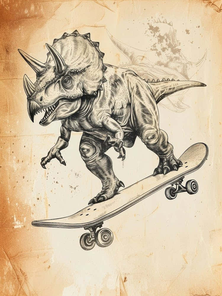 Vintage Triceratops Dinosaur On A Skateboard  2