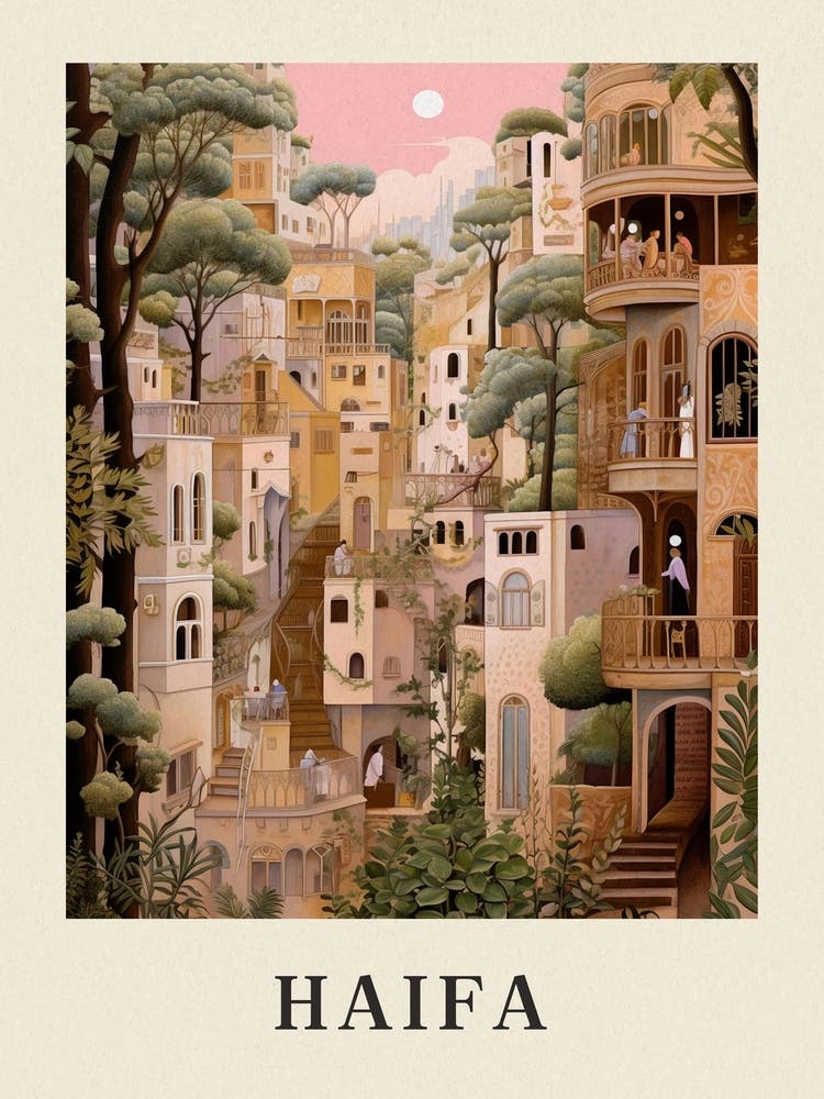 Haifa Israel 3 Vintage Pink Travel Illustration Poster