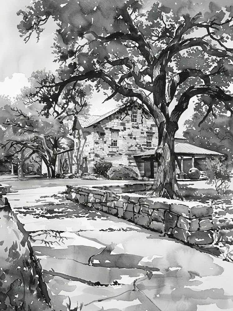 Umlauf Sculpture Garden  Museum Austin Texas Black And White Watercolour 1