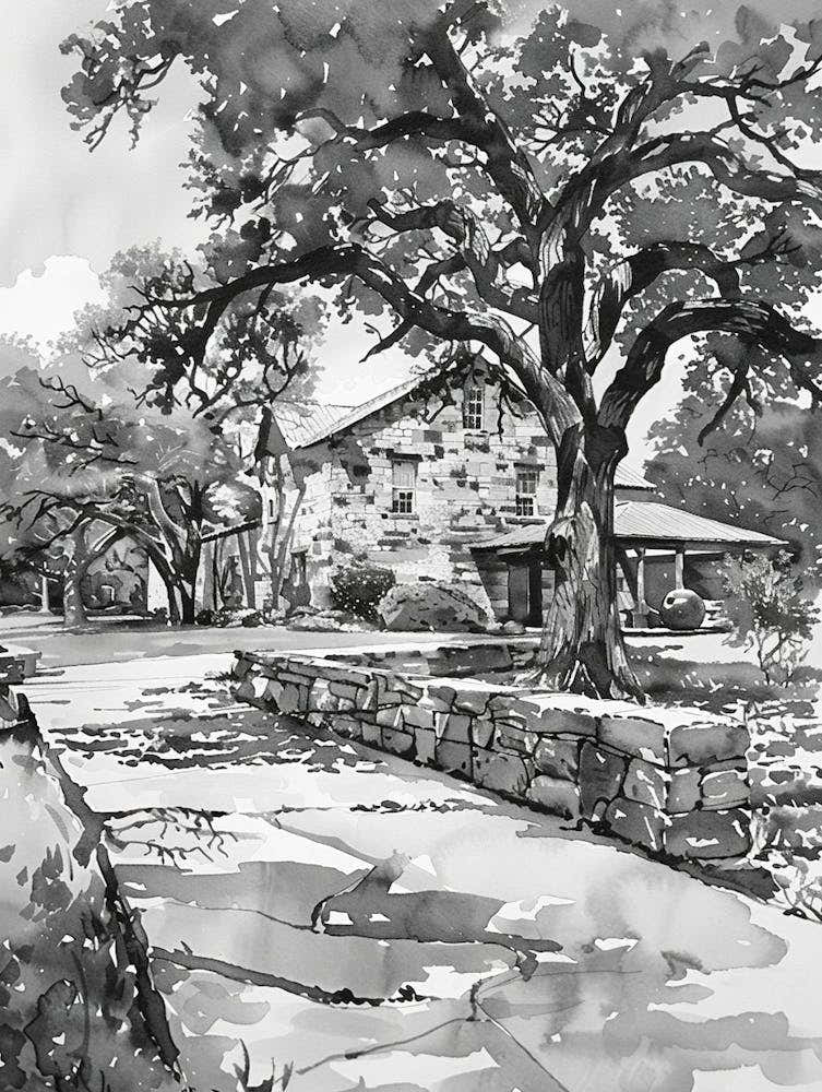 Umlauf Sculpture Garden  Museum Austin Texas Black And White Watercolour 1