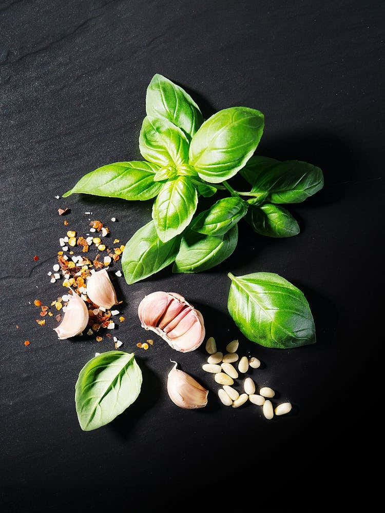 Garlic and basil (Italian, Spanish cuisine) — Food kitchen poster/blackboard, photo art