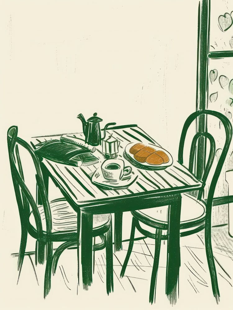 Summertime Breakfast In Spain Green Line Art Illustration