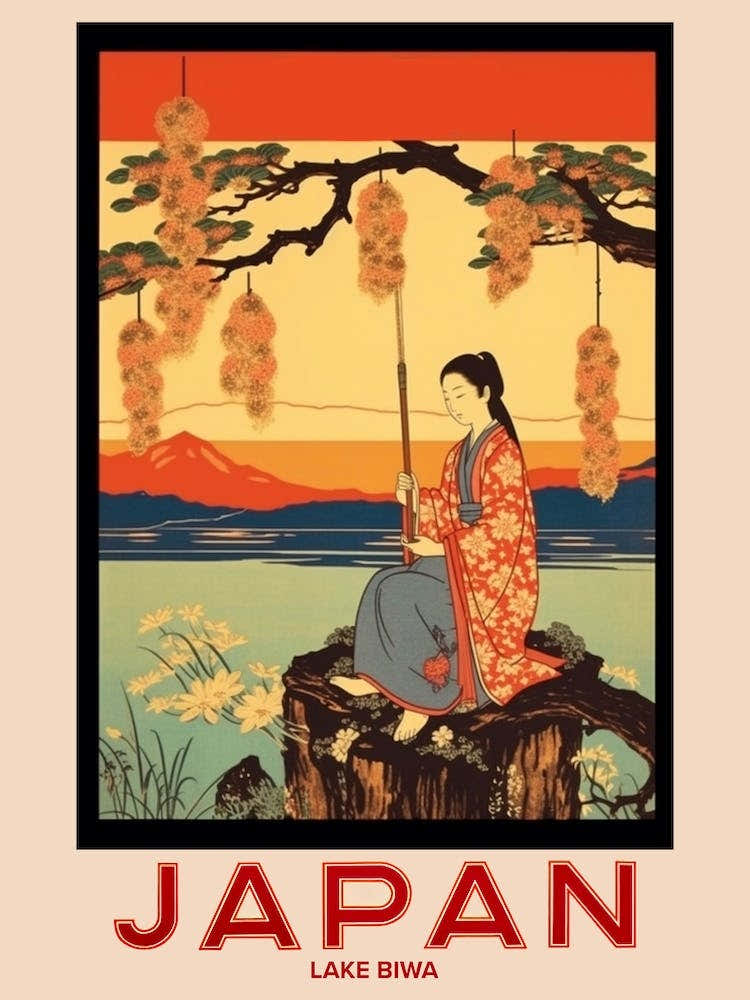 Lake Biwa, Visit Japan Vintage Travel Art 1