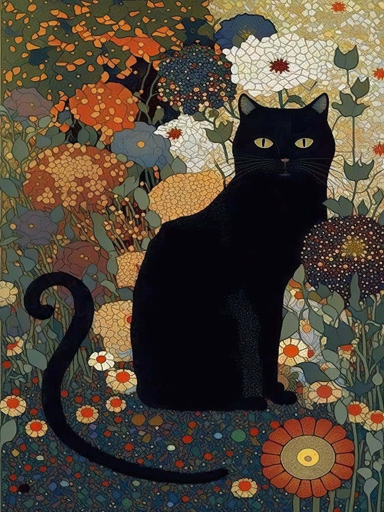 Gustav Klimt Garden, Black Cat With Flowers Meadow Botanical