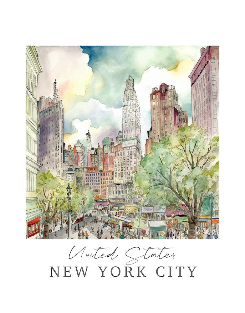 United States, New York City Storybook 4 Travel Poster Watercolour
