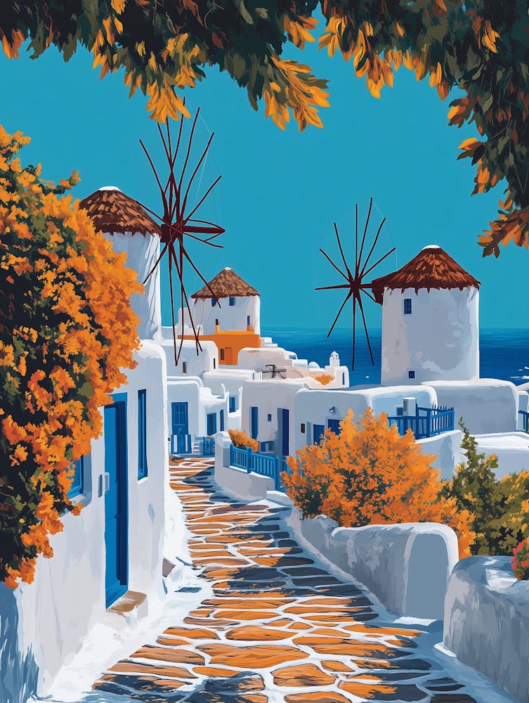 An illustration-style poster of Mykonos