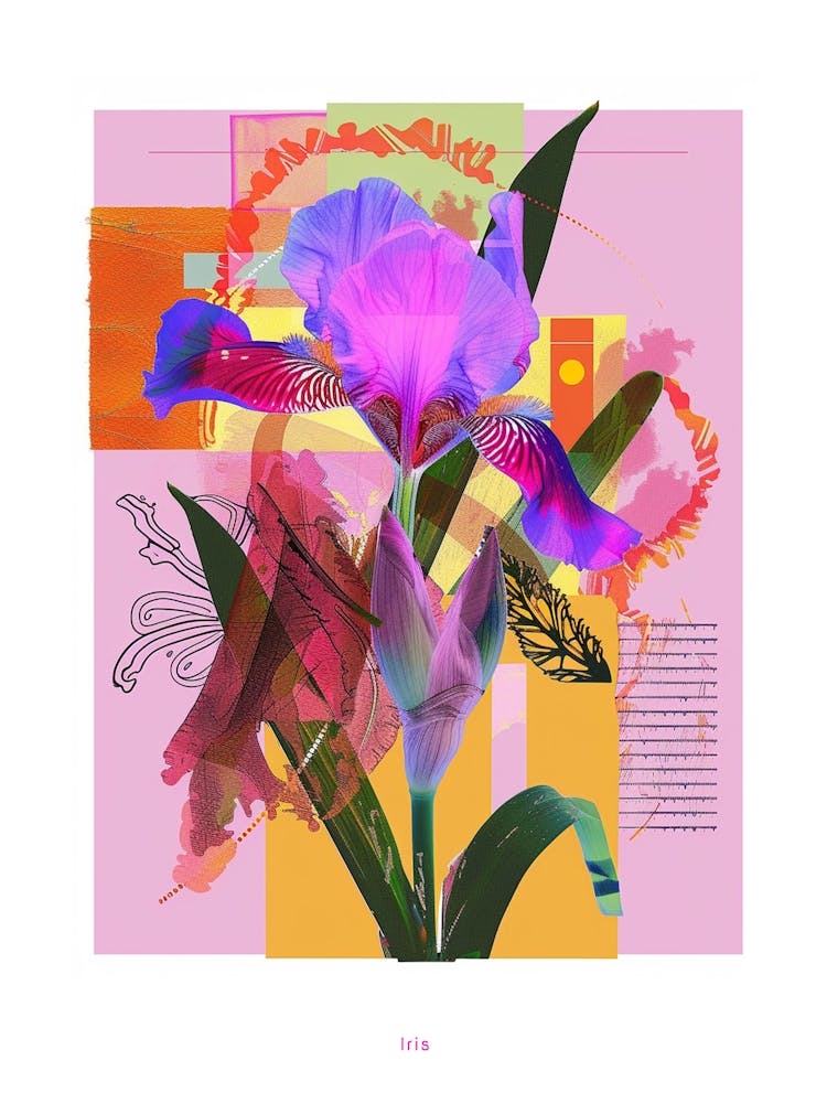 Iris 3 Neon Flower Collage Poster