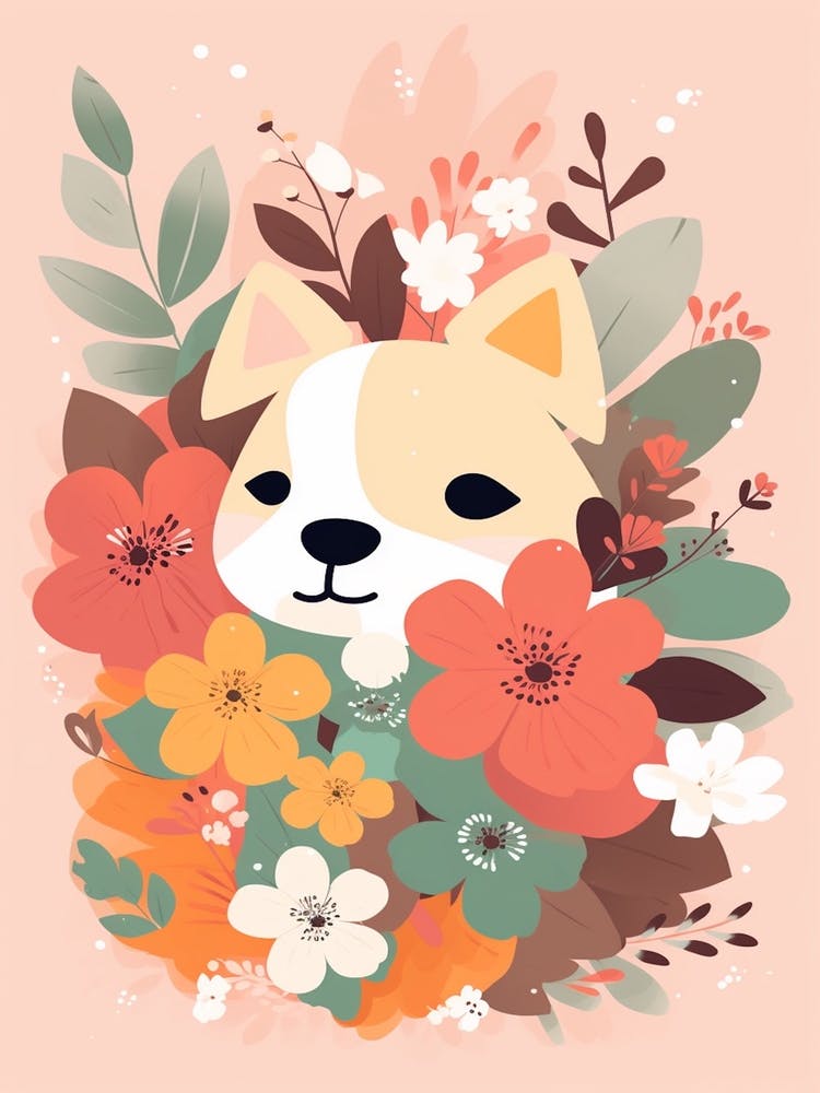 Dog And Flowers Kawaii Illustration 4