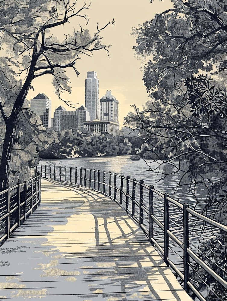 Duotone Illustration Lady Bird Lake And The Boardwalk 2
