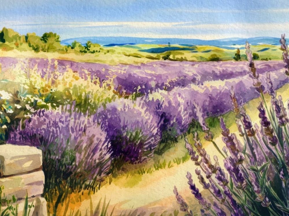 Lavender Countryside Path - Serene Watercolor Landscape